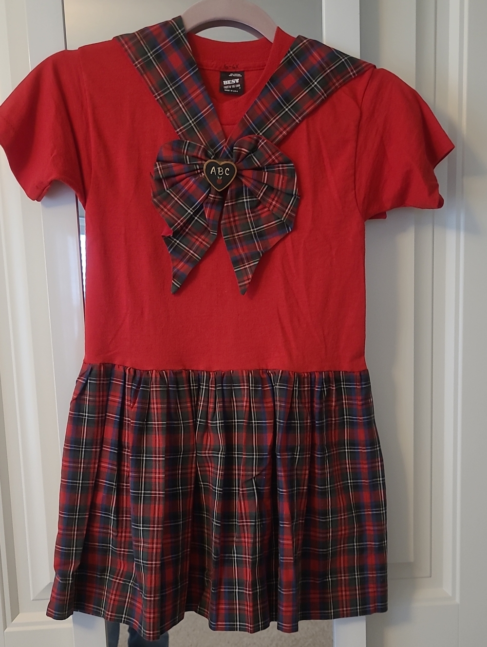 Fruit of the Loom Red Plaid Sailor-Style Kids School Dress With Bow
